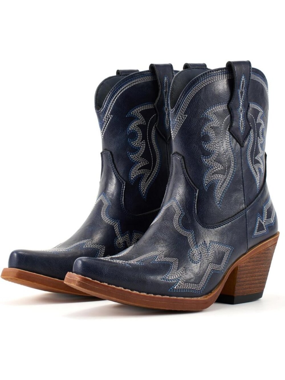 Women's Navy Cowgirl Ankle Boot Snip Toe Low Chunky Heel Classic Western Pull-On